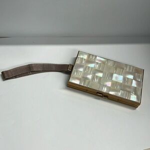1950’s Evans 5.25” x 3” Mother of Pearl Brass Vanity Case Clutch Wristlet
